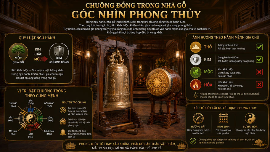 Chuông trống trong nhà gỗ góc nhìn phong thủy